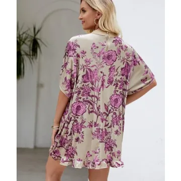 Aimiray Women's Vintage Velvet Dress Round Neck Short Sleeve Floral Printed Mini Flowy Dress(Green-XL)