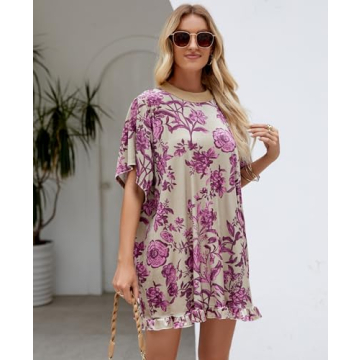 Aimiray Women's Vintage Velvet Dress Round Neck Short Sleeve Floral Printed Mini Flowy Dress(Green-XL)