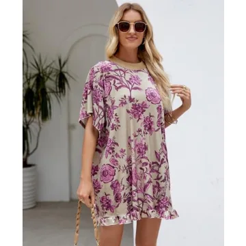 Aimiray Women's Vintage Velvet Dress Round Neck Short Sleeve Floral Printed Mini Flowy Dress(Green-XL)