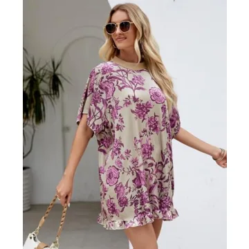 Aimiray Women's Vintage Velvet Dress Round Neck Short Sleeve Floral Printed Mini Flowy Dress(Green-XL)