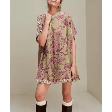 Aimiray Women's Vintage Velvet Dress Round Neck Short Sleeve Floral Printed Mini Flowy Dress(Green-XL)