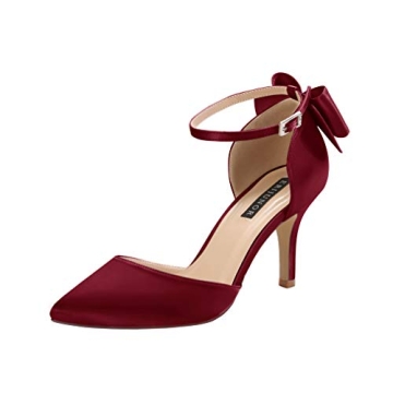 ERIJUNOR Elegant Burgundy Wedding Pumps with Bow Knot & Ankle Strap