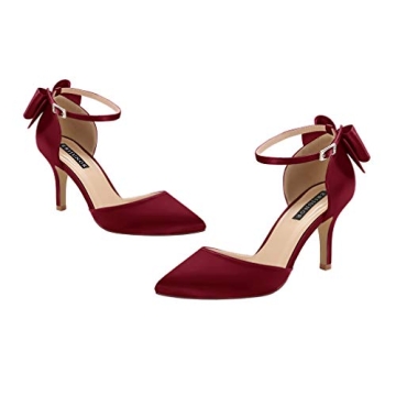 ERIJUNOR Burgundy Wedding Pumps Bow Knot Ankle Strap