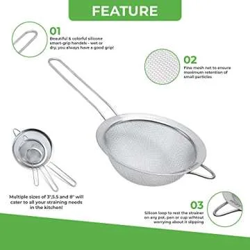 K BASIX Set of 3 Fine Mesh Strainer for Kitchen - Stainless Steel Strainers for Pasta, Flour Strainer, Vegetable Strainer, Food Strainer Tea Sift, Sieve Flour - Silver Sifter Strainer
