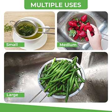 K BASIX Set of 3 Fine Mesh Strainer for Kitchen - Stainless Steel Strainers for Pasta, Flour Strainer, Vegetable Strainer, Food Strainer Tea Sift, Sieve Flour - Silver Sifter Strainer