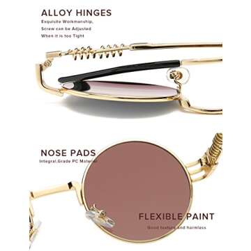 Round Steampunk Sunglasses Polarized for Women and Men Steam Punk Circle Metal Frame Coating Sun Glasses,Goldbrown,49