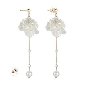 Kruckel Pearl Flower Long Drop Dangling Earrings - Cute Sparkly Golden Stud Lightweight Women Jewelr...
