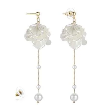 Kruckel Pearl Flower Long Drop Dangling Earrings - Cute Sparkly Golden Stud Lightweight Women Jewelr...