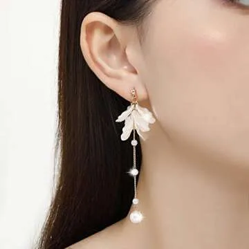 Kruckel Pearl Flower Long Drop Dangling Earrings - Cute Sparkly Golden Stud Lightweight Women Jewelry, White Petal Dangles, Easy - Wear Fashion Design Accessory with Durable Jewelry Box