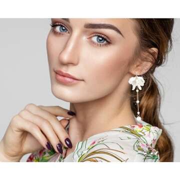 Kruckel Pearl Flower Long Drop Dangling Earrings - Cute Sparkly Golden Stud Lightweight Women Jewelry, White Petal Dangles, Easy - Wear Fashion Design Accessory with Durable Jewelry Box