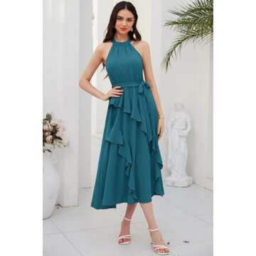 Women's 2024 Summer Halter Maxi Dress Hawaiian Beach Halter Neck Formal Long Wedding Guest Dresses Peacock Blue M