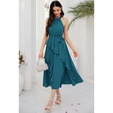 Women's 2024 Summer Halter Maxi Dress Hawaiian Beach Halter Neck Formal Long Wedding Guest Dresses Peacock Blue M