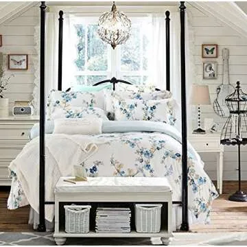 Eikei Garden Chinoiserie Floral Duvet Quilt Cover Asian Porcelain Style Tree Blossom and Birds Blue and White Watercolor Pattern 300tc Cotton Percale 3pc Bedding Set (King, Blue)