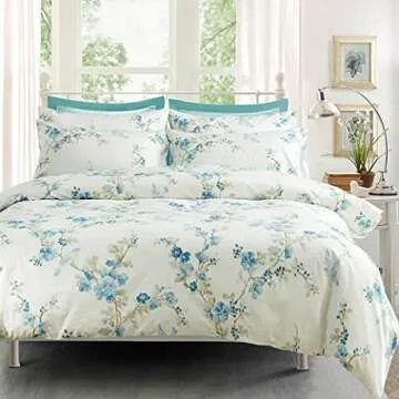 Eikei Garden Chinoiserie Floral Duvet Quilt Cover Asian Porcelain Style Tree Blossom and Birds Blue and White Watercolor Pattern 300tc Cotton Percale 3pc Bedding Set (King, Blue)