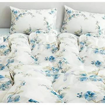 Eikei Garden Chinoiserie Floral Duvet Quilt Cover Asian Porcelain Style Tree Blossom and Birds Blue and White Watercolor Pattern 300tc Cotton Percale 3pc Bedding Set (King, Blue)