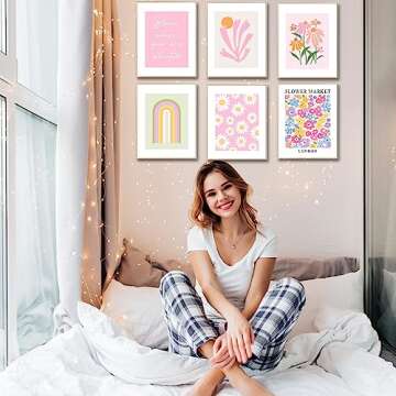 Pink Aesthetic Wall Decor Art Prints, 8"x10" Matisse-Inspired Posters, Coquette Flower Wall Art for Teen Girls Room, Dorm, or Apartment, Pastel Room Decor for Girls, Set of 6 Unframed
