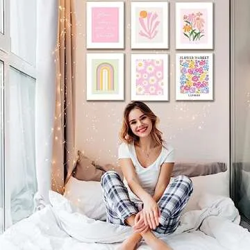 Pink Aesthetic Wall Decor Art Prints, 8"x10" Matisse-Inspired Posters, Coquette Flower Wall Art for Teen Girls Room, Dorm, or Apartment, Pastel Room Decor for Girls, Set of 6 Unframed