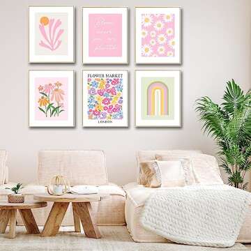Pink Aesthetic Wall Decor Art Prints, 8"x10" Matisse-Inspired Posters, Coquette Flower Wall Art for Teen Girls Room, Dorm, or Apartment, Pastel Room Decor for Girls, Set of 6 Unframed