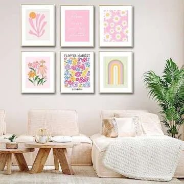 Pink Aesthetic Wall Decor Art Prints, 8"x10" Matisse-Inspired Posters, Coquette Flower Wall Art for Teen Girls Room, Dorm, or Apartment, Pastel Room Decor for Girls, Set of 6 Unframed