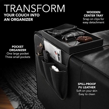 U NEATOPA Couch Remote Caddy Control Holder Sofa Organizer with Detachable Wooden Snack Tray for Recliner Mattresses Chair Armrests with 4 Slots - 1 Large Pockets and 3 Small Pockets (Black)