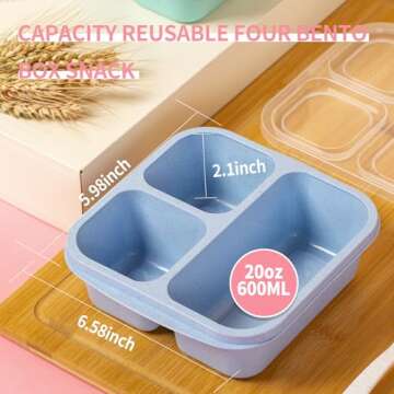 TurtingAs 4 Pack Snack Containers - Eco-friendly Bento Box with 3 Compartments