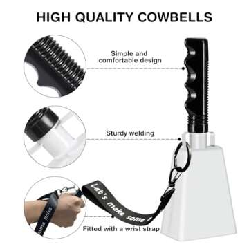 Cowbell Noise Makers with Handle and Wrist Strap – 8 Inch Loud Steel Cheering Cow Bells for Sporting Events, Football Games, Parties, Concerts & More (White)