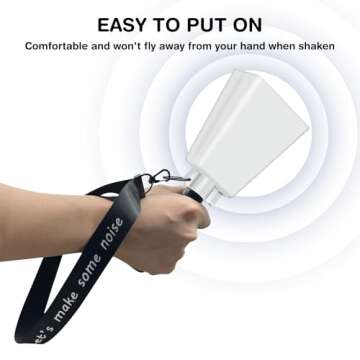 Cowbell Noise Makers with Handle and Wrist Strap – 8 Inch Loud Steel Cheering Cow Bells for Sporting Events, Football Games, Parties, Concerts & More (White)