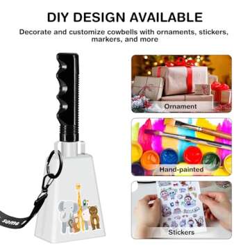 Cowbell Noise Makers with Handle and Wrist Strap – 8 Inch Loud Steel Cheering Cow Bells for Sporting Events, Football Games, Parties, Concerts & More (White)