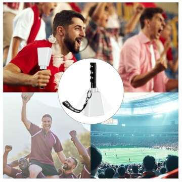 Cowbell Noise Makers with Handle and Wrist Strap – 8 Inch Loud Steel Cheering Cow Bells for Sporting Events, Football Games, Parties, Concerts & More (White)