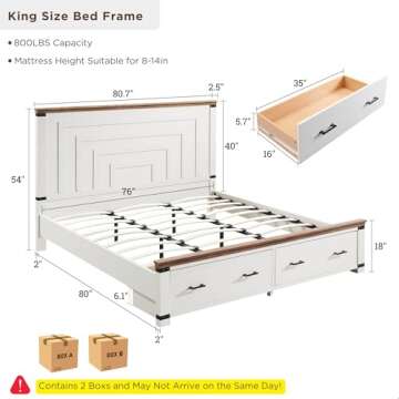 RedLemon Farmhouse King Size Bed Frame w/ 54" Tall Geometric Headboard, Rustic Wood Platform Bed w/ ...