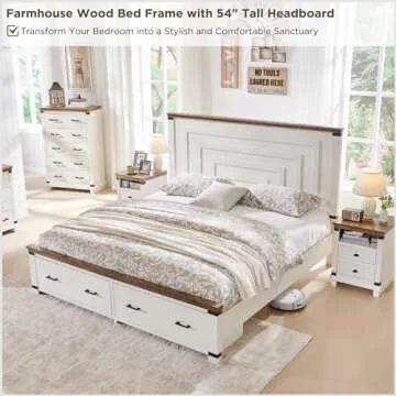 RedLemon Farmhouse King Size Bed Frame w/ 54" Tall Geometric Headboard, Rustic Wood Platform Bed w/ 2 Large Storage Drawers, Wood Slats Support, Noise Free, No Box Spring Needed, Antique White