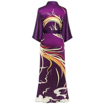 PRODESIGN Long Kimono Robe Satin Sleepwear - Luxurious Phoenix Handprinted Bathrobe for Women