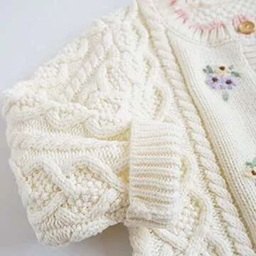 Baby Girls Cable Knit Cardigan Sweater Crewneck Embroider Cardigan Button Warm Jacket Coat for Toddl...