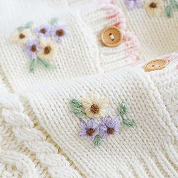 Baby Girls Cable Knit Cardigan Sweater Crewneck Embroider Cardigan Button Warm Jacket Coat for Toddler