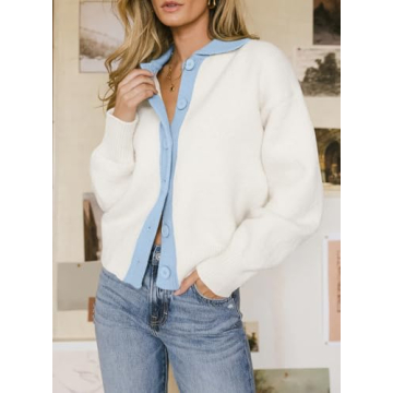 EVALESS Women Cardigan Sweaters 2024 Fall Winter Colorblock Long Sleeve Button Down Ribbed Knit Outfits Casual Open Front Cropped Cardigans Beige XX-Large