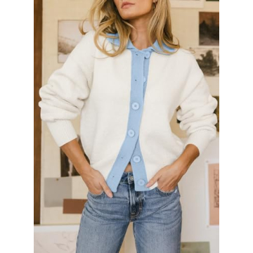 EVALESS Women Cardigan Sweaters 2024 Fall Winter Colorblock Long Sleeve Button Down Ribbed Knit Outfits Casual Open Front Cropped Cardigans Beige XX-Large