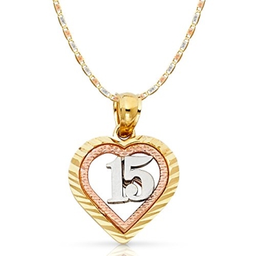 Ioka 14K Tri Color Gold Sweet 15 Years Quinceanera Heart Charm Pendant with Valentino Chain 18"