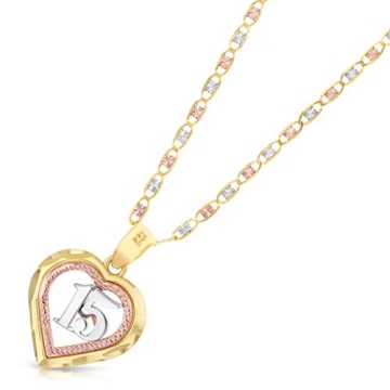 Ioka 14K Tri Color Gold Sweet 15 Heart Pendant Necklace
