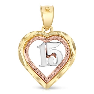 Ioka 14K Tri Color Gold Sweet 15 Heart Pendant Necklace