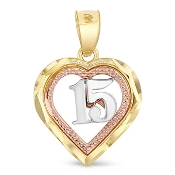 Ioka 14K Tri Color Gold Sweet 15 Heart Pendant Necklace