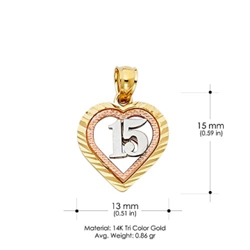 Ioka 14K Tri Color Gold Sweet 15 Heart Pendant Necklace