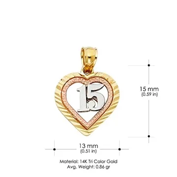 Ioka 14K Tri Color Gold Sweet 15 Heart Pendant Necklace