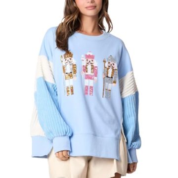 cffvdiz Oversized Christmas Sweatshirts for Women Funny Sequins Nutcracker Soldier Graphic Slit Crew...