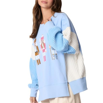 cffvdiz Oversized Christmas Sweatshirts for Women Funny Sequins Nutcracker Soldier Graphic Slit Crewneck Long Sleeve Pullovers,Light blue,XXL