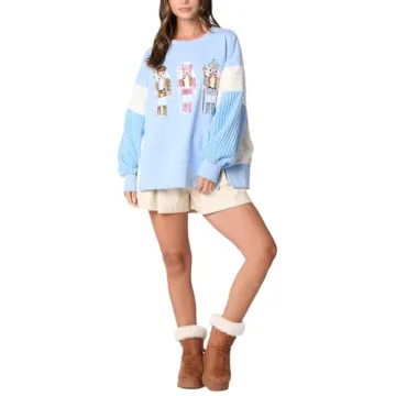 cffvdiz Oversized Christmas Sweatshirts for Women Funny Sequins Nutcracker Soldier Graphic Slit Crewneck Long Sleeve Pullovers,Light blue,XXL