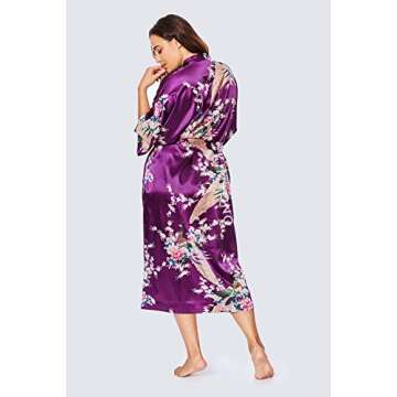 KIM+ONO Plus Size Women's Satin Kimono Robe Long - Floral - Peacock & Blossoms - Plum (Purple), Satin Kimono Robes for Women with Floral Designs, 54 inches in Length, Plus Size.