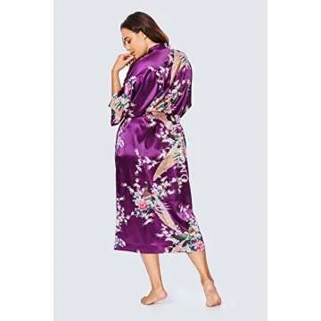 KIM+ONO Plus Size Women's Satin Kimono Robe Long - Floral - Peacock & Blossoms - Plum (Purple), Satin Kimono Robes for Women with Floral Designs, 54 inches in Length, Plus Size.