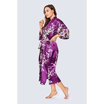KIM+ONO Plus Size Women's Satin Kimono Robe Long - Floral - Peacock & Blossoms - Plum (Purple), Satin Kimono Robes for Women with Floral Designs, 54 inches in Length, Plus Size.