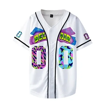 White 90s Outfit for Men Bel Air 00 Baseball Jersey Short Sleeve for Man 90s Urban Theme Party Hip H...