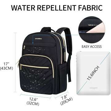 VANKEAN 15.6 Inch Laptop Backpack for Women Men Work Bag Fashion with USB Port, Waterproof Backpacks Nurse Stylish Travel Bags Casual Daypacks for College, Business, Black